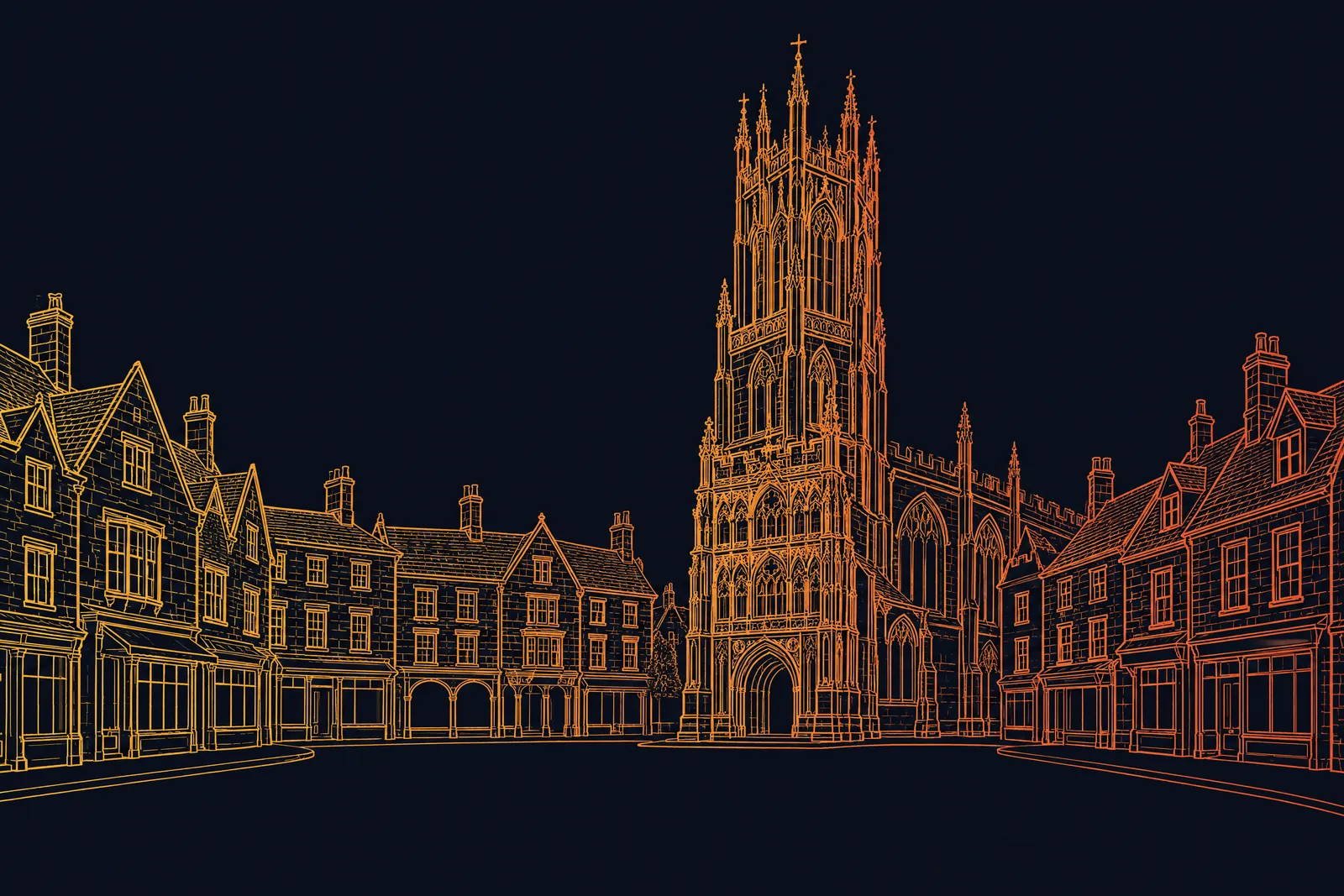 Line drawing of Cirencester: the great tower of St John the Baptist church rising above the market place