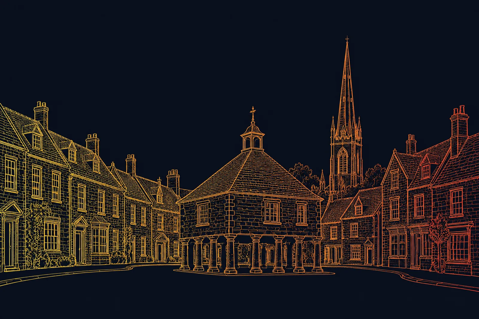 Line drawing of Tetbury: the pillared Market House, Cotswold stone houses and St Mary's spire